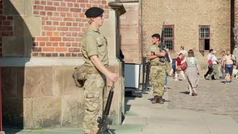 Danish royal guards stand watch as a soldier patrols Rosenborg Castle courtyard Stock Footage 344850290