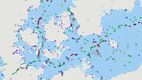 Danish Straits. Detailed digital map of ship tracking data and maritime traffic Stock Footage 334352381
