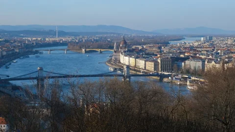 Danube with bridges on a spring day Stock Footage 296352928