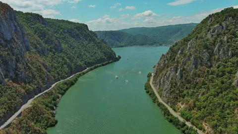 Danube river and mountains in Djerdap National Park Stockbeeldmateriaal 336963888
