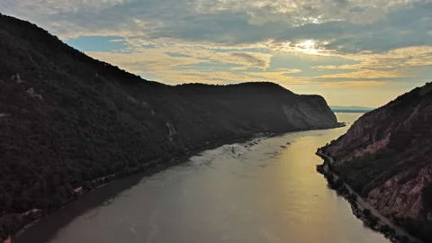 Danube river and mountains in Djerdap National Park at sunset Stock Footage 344742995