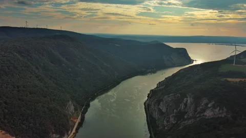 Danube river and mountains in Djerdap National Park at sunset Stock Footage 344743528