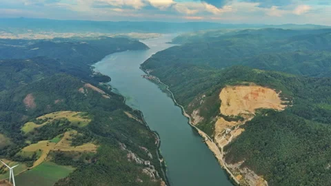 Danube river and mountains in Djerdap National Park at sunset Stock Footage 344743750