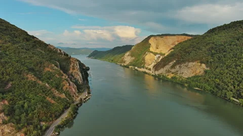 Danube river and mountains in Djerdap National Park at sunset Stock Footage 344744375