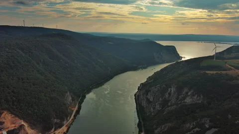 Danube river and mountains in Djerdap National Park at sunset Stock Footage 345446801