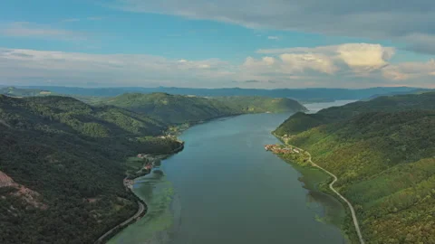 Danube river and mountains in Djerdap National Park at sunset Stock Footage 345447320
