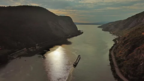 Danube river and mountains in Djerdap National Park at sunset Stock Footage 345447568