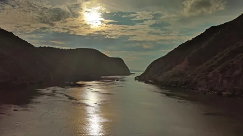 Danube river and mountains in Djerdap National Park at sunset Stock Footage 345447693