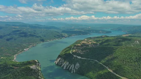 Danube river and mountains in Djerdap National Park Stock Footage 345448347
