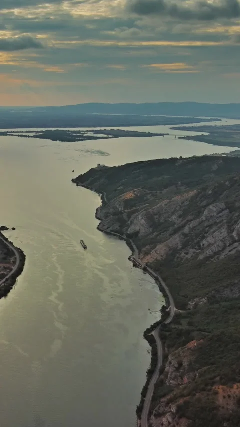 Danube river and mountains in Djerdap National Park at sunset Stock Footage 346651517