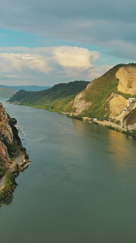 Danube river and mountains in Djerdap National Park at sunset Stock Footage 346651994