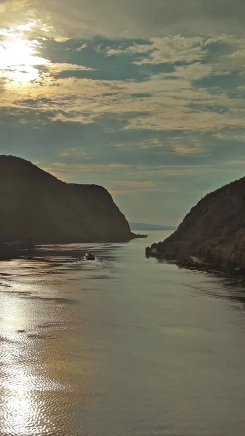Danube river and mountains in Djerdap National Park at sunset Stock Footage 346653581