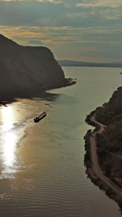 Danube river and mountains in Djerdap National Park at sunset Stock Footage 346653615