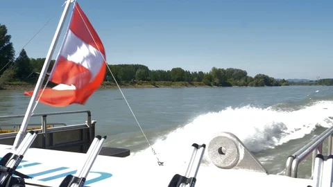 Danube river, Austrian flag on back of ferry to Bratislava Stock Footage 115845222