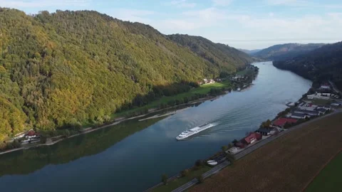 Danube River, Upper Austria Aerial near Engelhartszell Stock Footage 166017176
