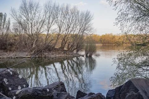 Danube River View with Small Island at Dunaujvaros Bay Stock Photos