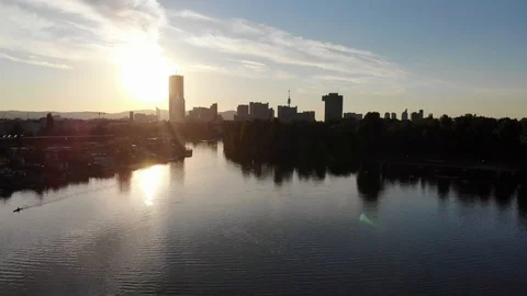 Danube with skyscraper background at Vienna Stock Footage 116712426