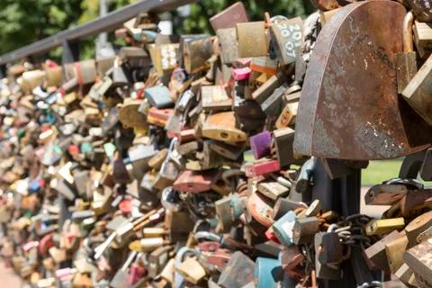Danzig, Poland - July 7 2016: Close-up of lots of locks at bridge of Love Foto stock
