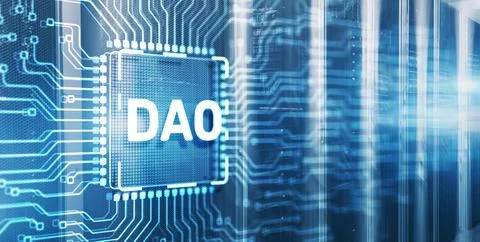 DAO. Decentralized Autonomous Organization on 3d Electronic Circuit Board Chip Stock Illustration