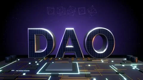 DAO Decentralized Organization 3D Text with Blockchain Cubes on a Circuit Board Stock Illustration