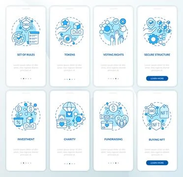 DAO elements and usage purpose blue onboarding mobile app screens set Illustrazione stock