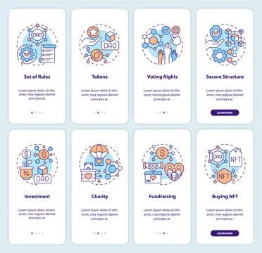 DAO elements and usage purpose onboarding mobile app screens set 库存插图
