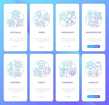 DAO elements and usage purpose blue gradient onboarding mobile app screens set 스톡 일러스트