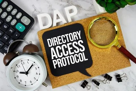 DAP - Directory Access Protocol acronym with calculator, alarm clock and ma.. Stock Photos