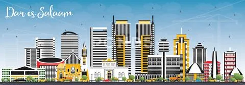 Dar Es Salaam Tanzania Skyline with Color Buildings and Blue Sky. Stock Illustration