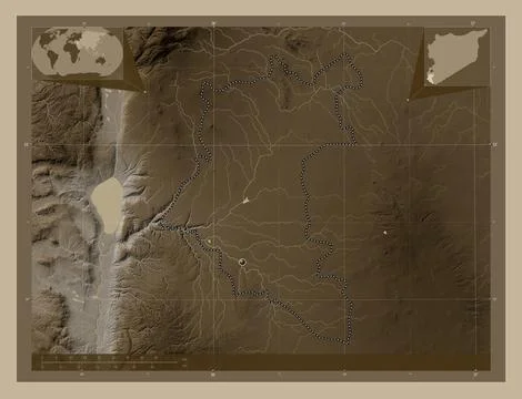 Dar`a, Syria. Elevation map colored in sepia tones with lakes and rivers Stock Illustration