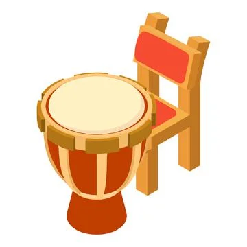Darbuka icon isometric vector. Percussion musical instrument near wooden chair Stock Illustration