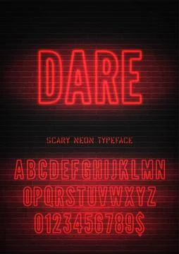 Dare night light glowing effect hollow font with numbers on dark brick Illustrazione stock