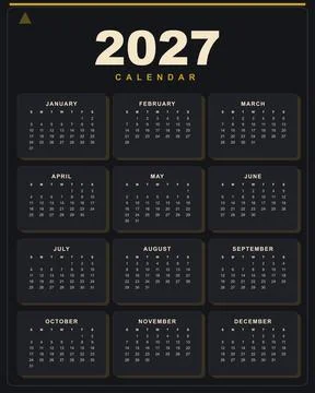 Dark 2027 Calendar Grid Template with Monthly Layout Stock-Illustration