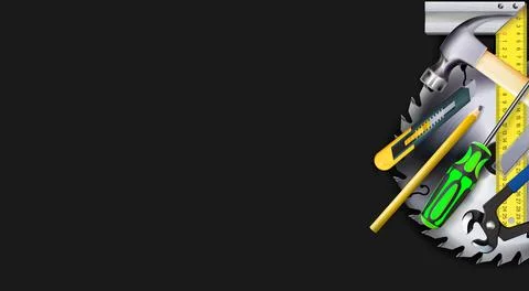 Dark 3d composition of set tools of carpenter or construction isolated. Stock Illustration