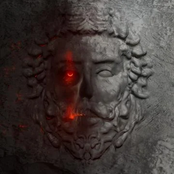 Dark 3d model of a greek man bas-relief facial statue. Illustrazione stock
