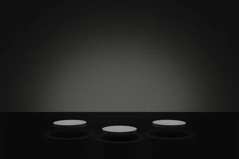 Dark 3d modeling scene with illuminating cylindric podiums on a grey background Illustrazione stock