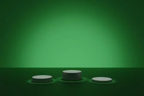 Dark 3d modeling scene with illuminating cylindric podiums on a green background Illustrazione stock