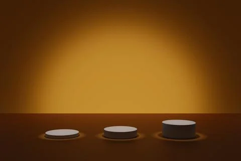 Dark 3d modeling scene with illuminating cylindric podiums on an orange Illustrazione stock