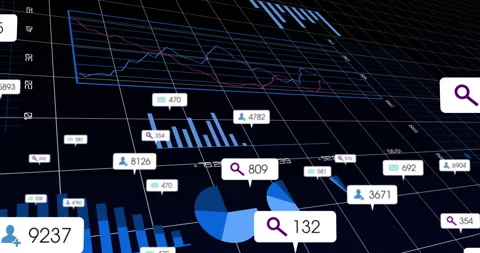 Dark 3D-rendered data dashboard showing angled wireframe grid, line charts, bar Video stock 307432251
