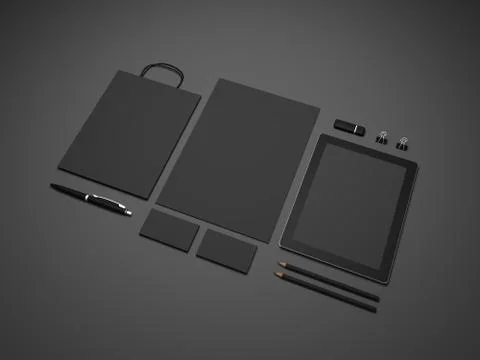 Dark 3D rendering grey stationery mock-up with shopping bag. Stock-Illustration