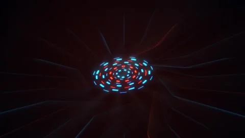 Dark 3D Sci-Fi Turbine Vortex with Glowing Cyan and Red HUD Ring Video stock 347777328
