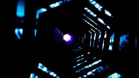 Dark 3D tunnel with blue reflections of light, geometric shape in motion. Stock Footage 297584439