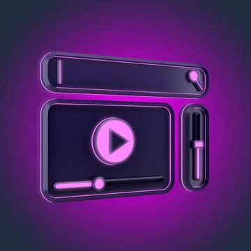 Dark 3d video player icon with neon lines with search bar Stock Illustration