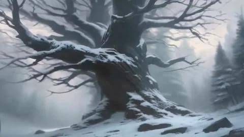 Dark, abandoned, withered tree in the forest, covered with snow, falling sn.. Stock Footage 255894292