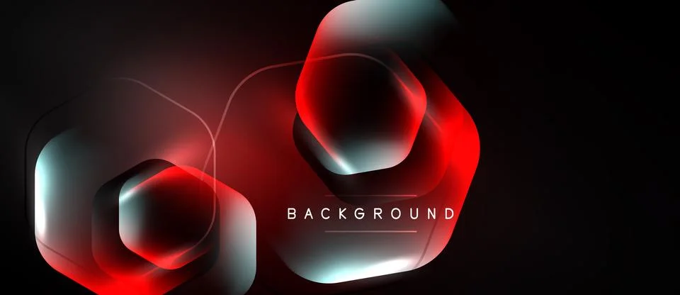 Dark abstract background features glowing hexagonal shapes. Red, cyan highl.. Illustrazione stock