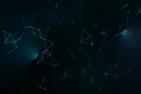 A dark, abstract background features glowing blue and green geometric netwo.. Illustrazione stock