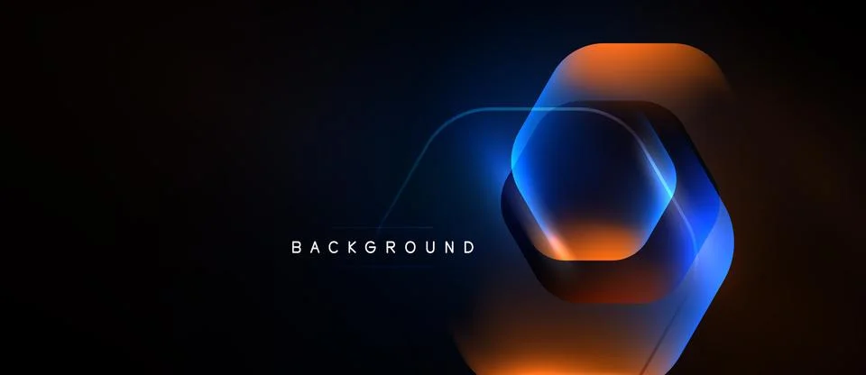 Dark abstract background features layered hexagon shapes. Blue, orange grad.. Stockillustratie