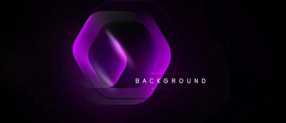 Dark abstract background features layered hexagons. Vibrant purple gradients Stock Illustration