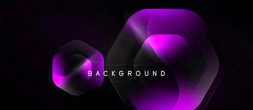 Dark abstract background features overlapping hexagonal shapes. Vibrant purpl Stockillustratie