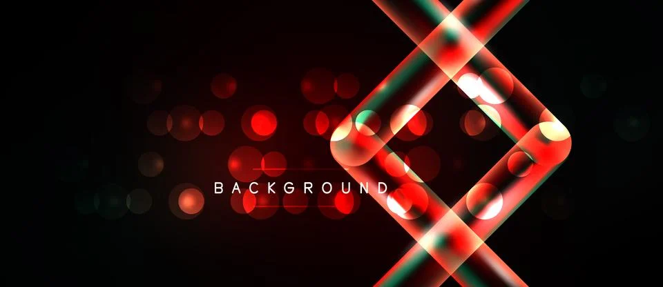 Dark abstract background features vibrant red neon lines, circles, glowing Illustrazione stock